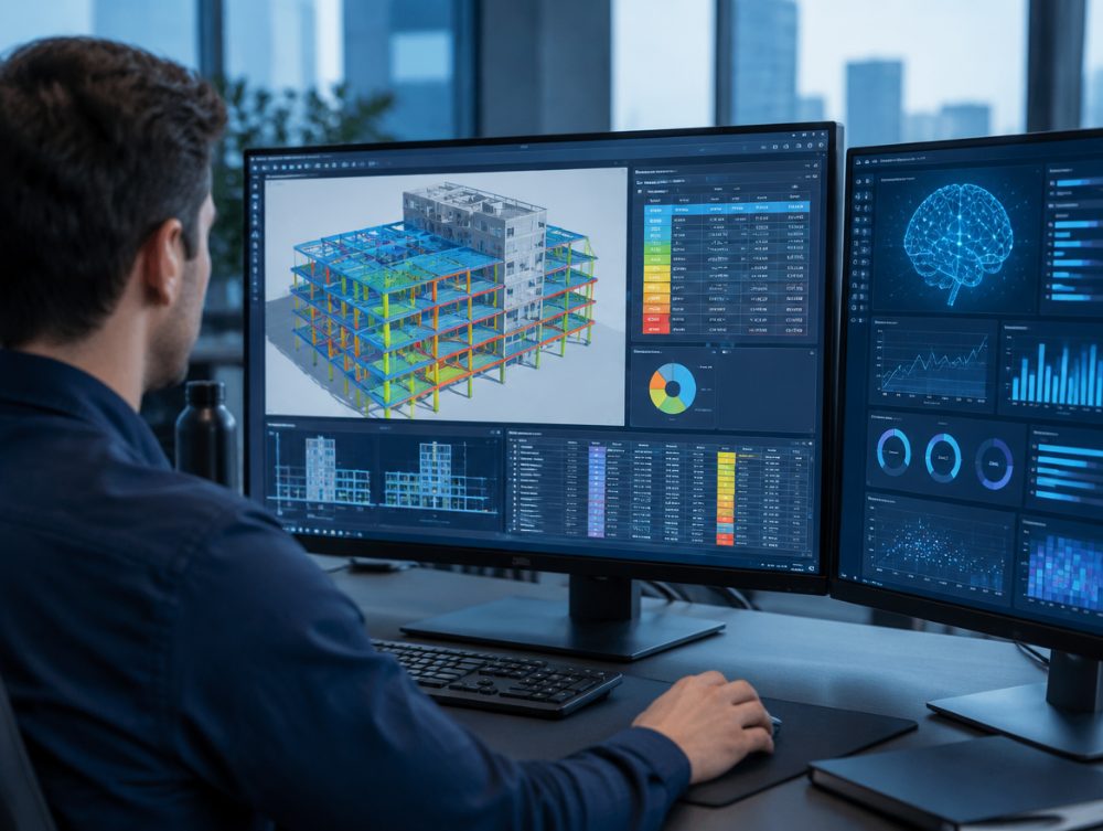 Engineer reviewing a 3D building model and data dashboards on two monitors