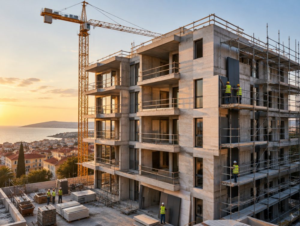 Construction site with a tower crane and workers installing facade panels on a concrete residential building