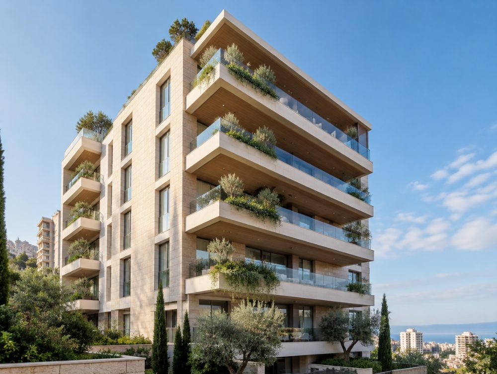 Completed residential building with stone facade and planted balconies
